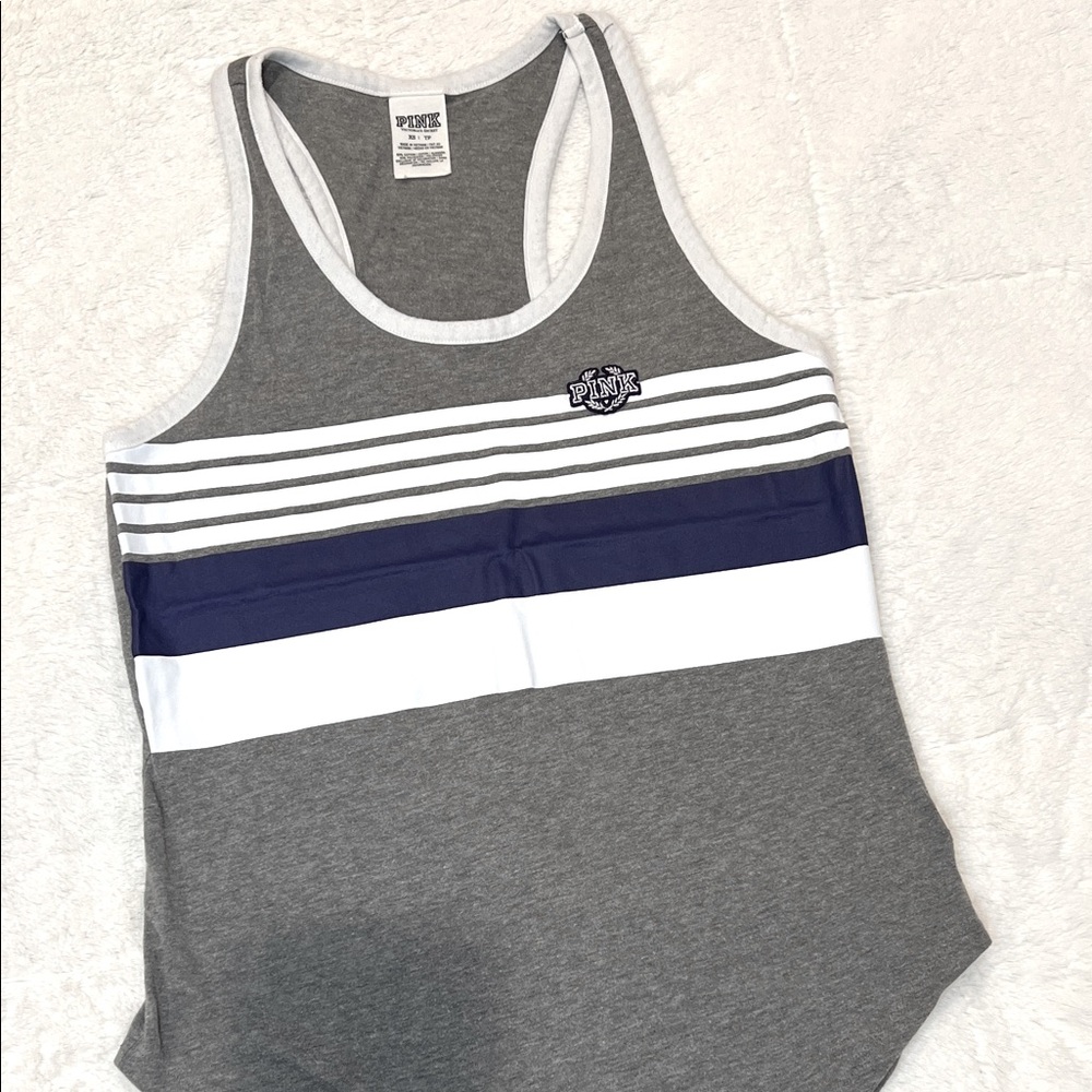 PINK Victoria's Secret Gray with White and Navy Blue Striped Tank Top